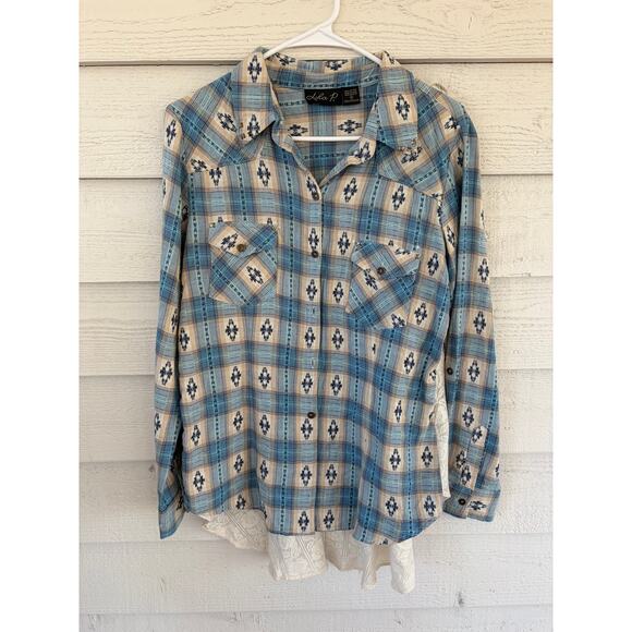 Lola P Plaid Western Shirt Lace Hem Button Down Boho Top Size S - Picture 3 of 6